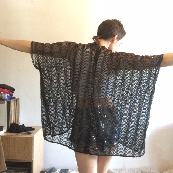 Tops - Amazing Vintage Black Sequin Kimono Jacket OS